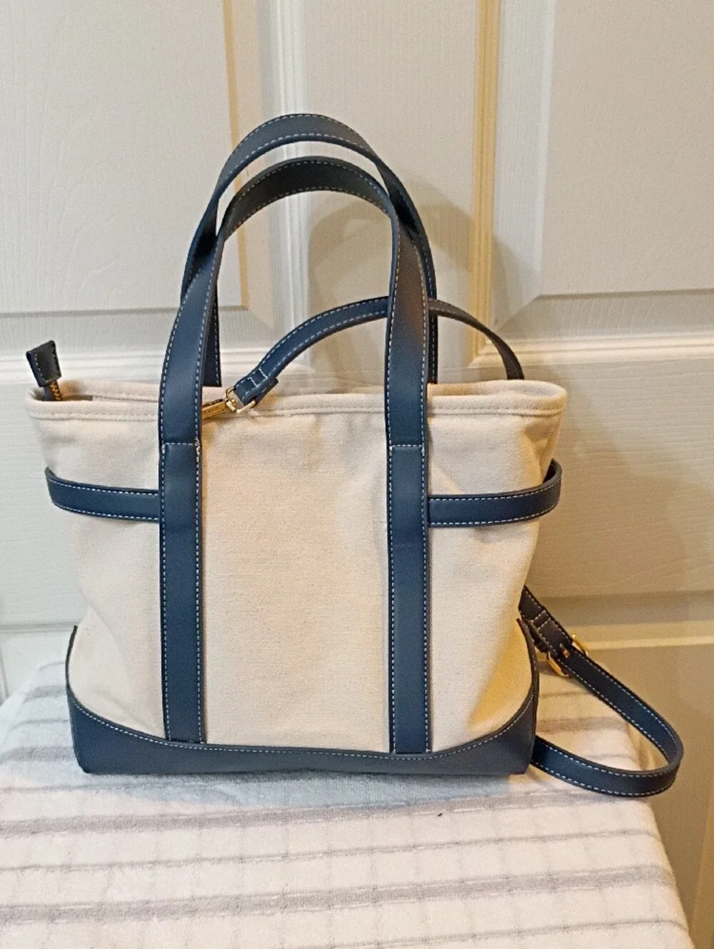 Steve Madden Cream and Navy Canvas Tote with Gold Hardware